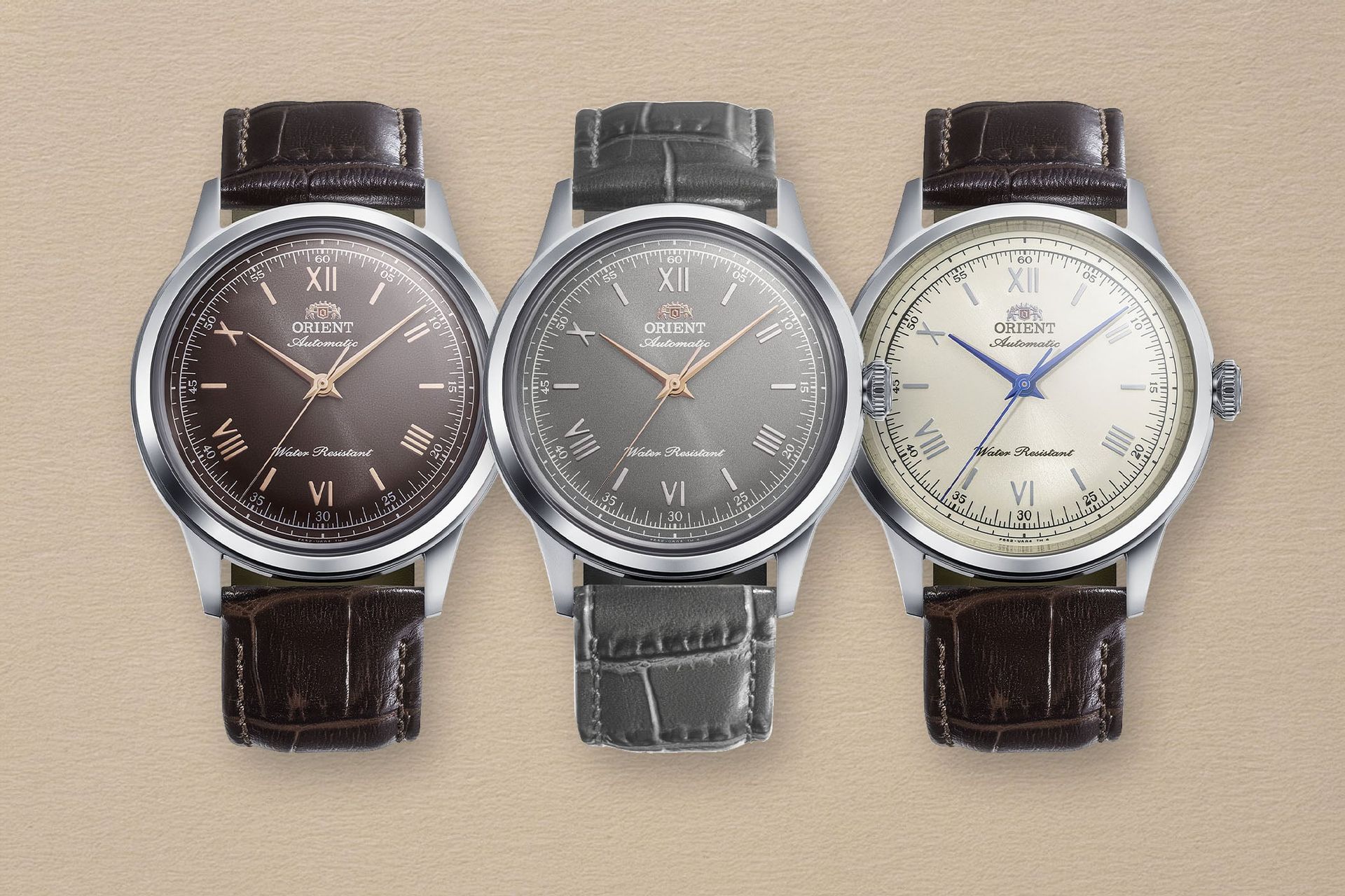 The 2026 Orient Bambino 38 no-date collection, the first Bambinos without a date window, in a range of dial colours with Roman numerals and baton markers.