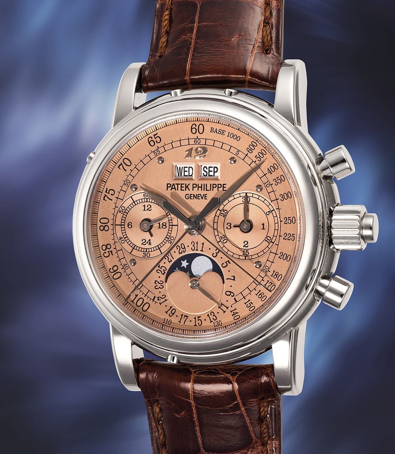 Patek Philippe Ref. 5004G-020 white gold perpetual calendar split-seconds chronograph with salmon dial, formerly owned by Eric Clapton