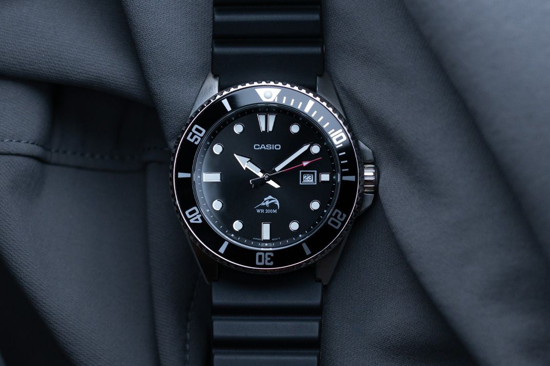 The Casio Duro MDV-106-1A, with its black dial, unidirectional bezel, screw-down crown and the leaping marlin above 6 o'clock.