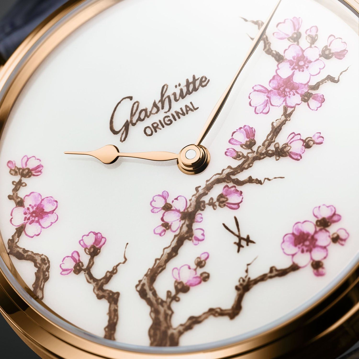 Close-up of Meissen porcelain cherry blossom dial with crossed swords and gold hands