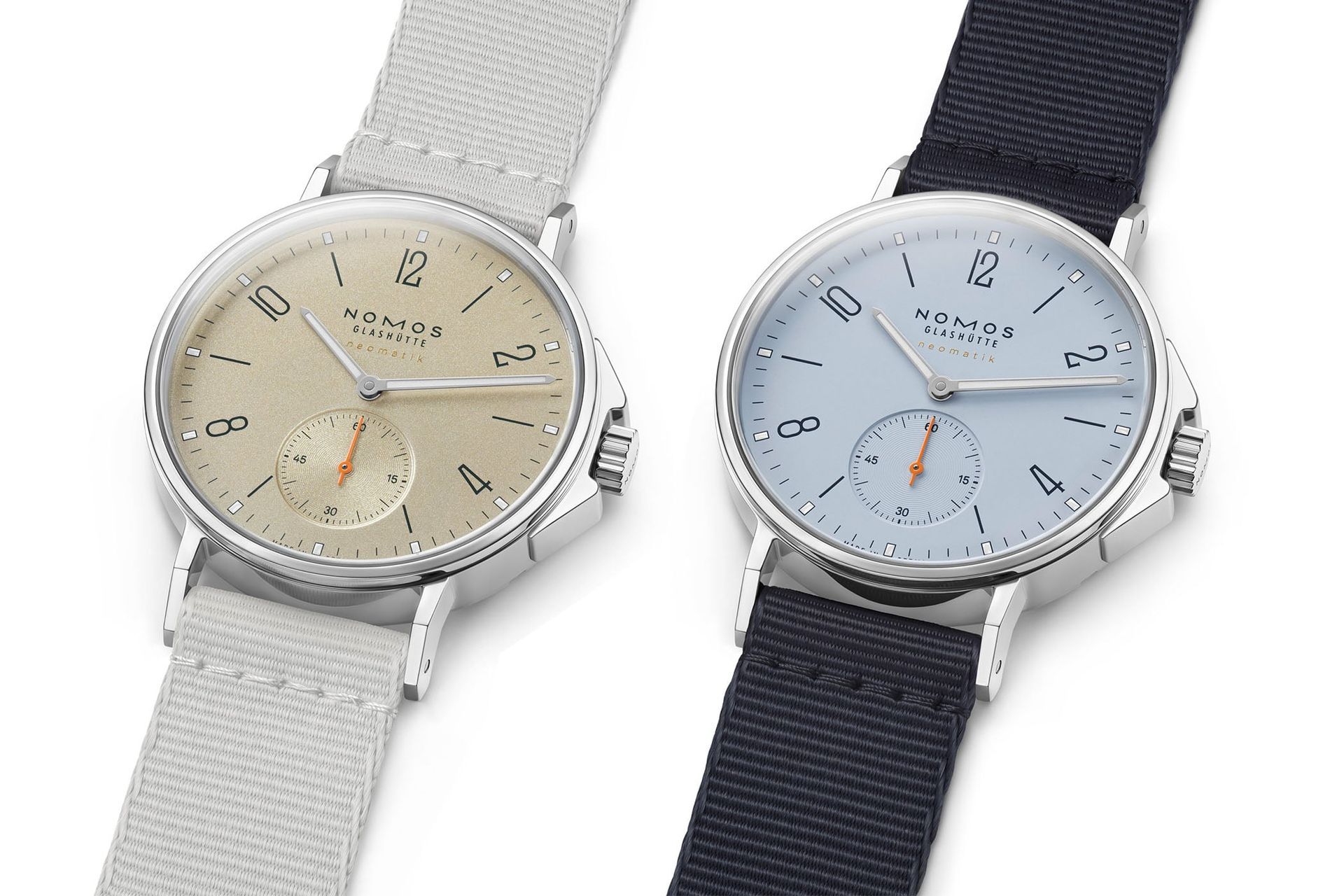 Nomos Ahoi Neomatik Sky 36.3mm pale blue dial with orange seconds hand, no-date