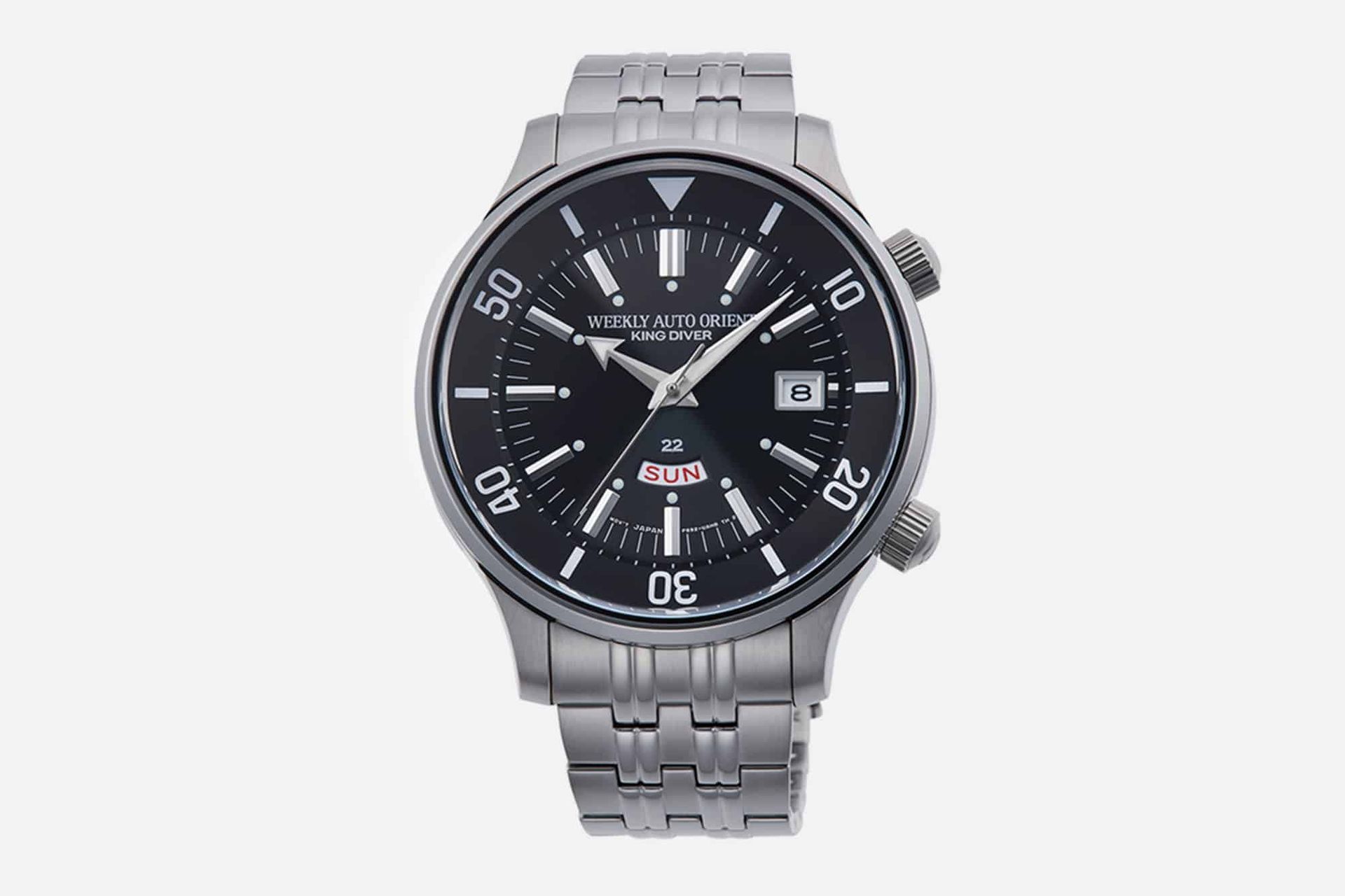 The 2020 Orient King Diver reissue, with its internal rotating bezel, dual crowns and day display near 6 o'clock recalling the 1965 original.