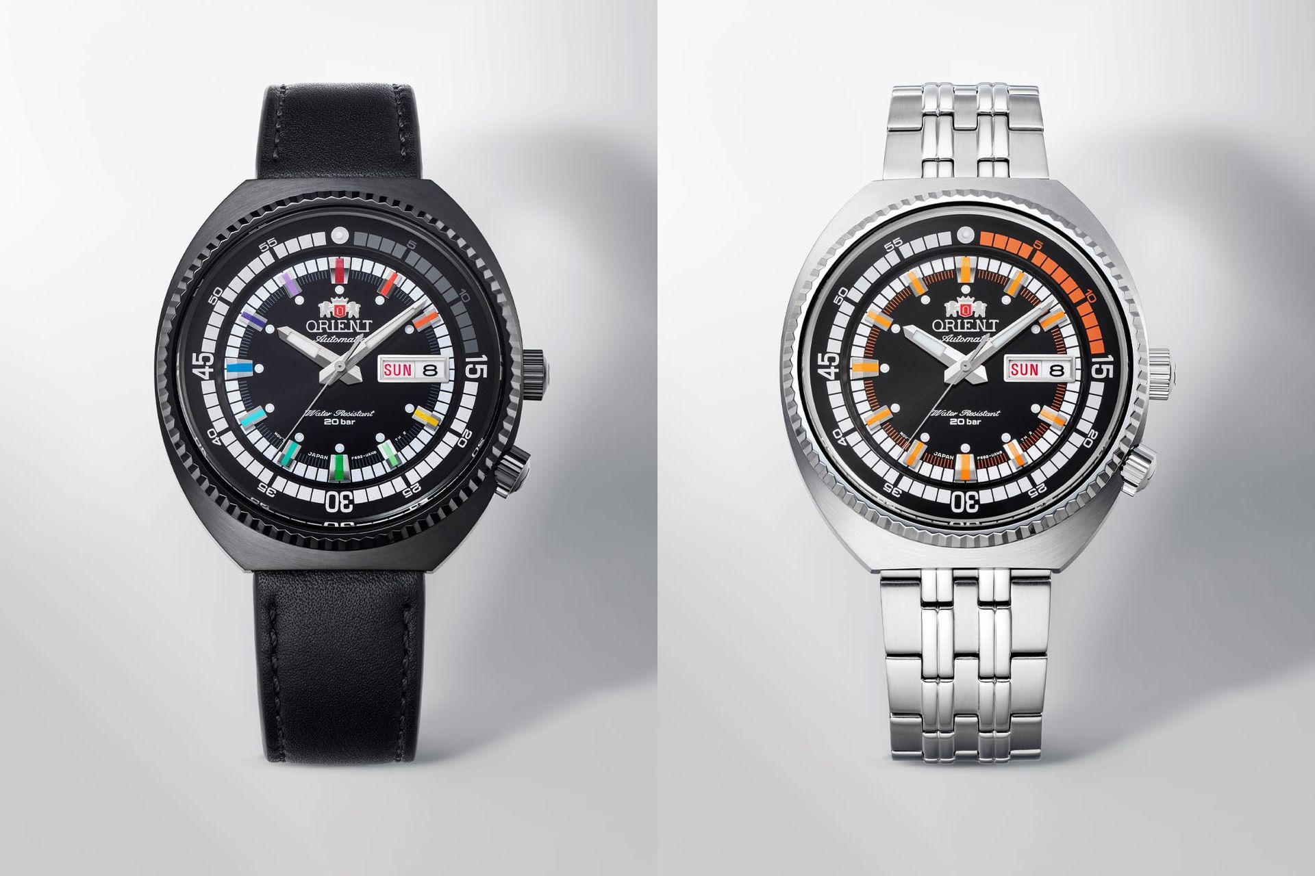 The 2022 Orient Neo Classic Sports collection, with its lugless helmet-shaped case, fixed fluted bezel and inner rotating bezel.