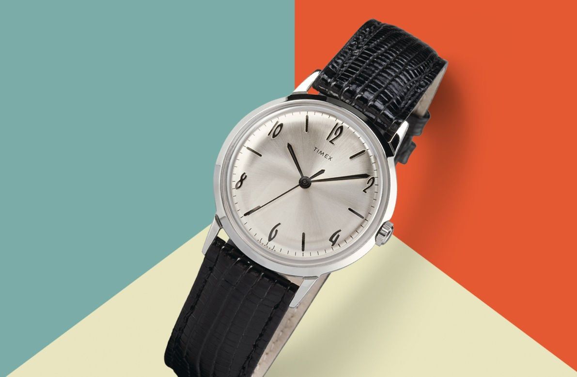 The 2017 Timex Marlin hand-wound reissue, with its 34mm steel case, domed acrylic crystal and sunburst dial with 1960s-style indexes.
