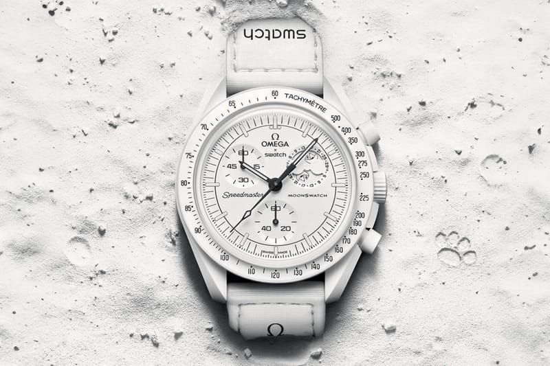 White Omega x Swatch MoonSwatch Mission to the Moonphase with Snoopy and Woodstock in the moonphase subdial