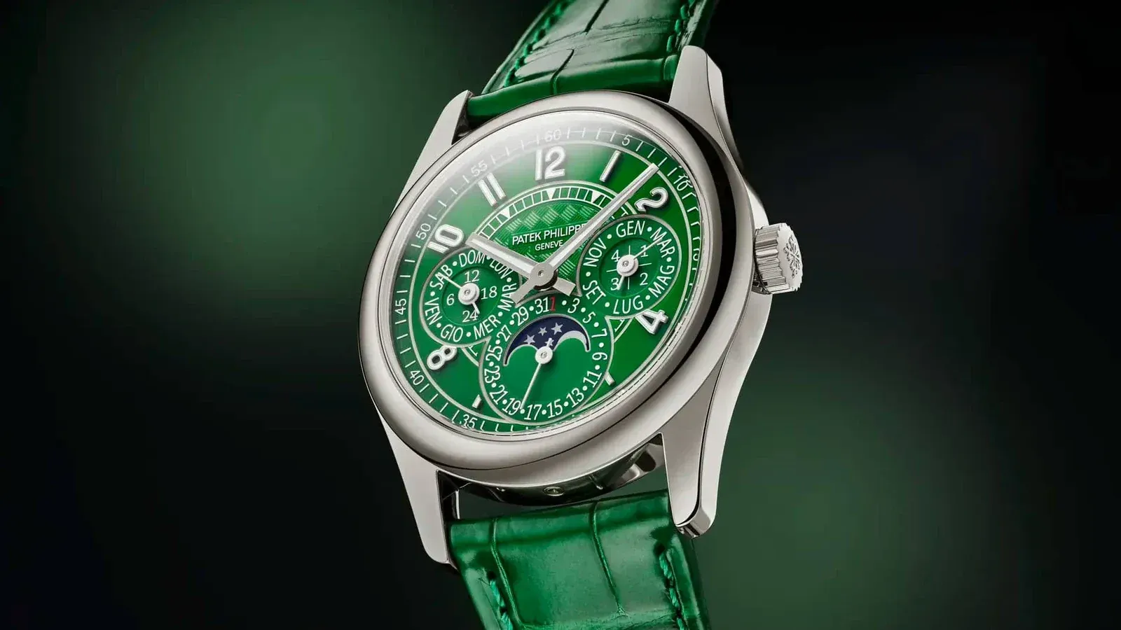 Patek Philippe 7147G-010 Perpetual Calendar Milano 2026 with green lacquered dial