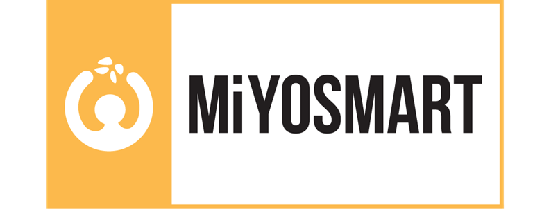 Miyosmart Logo in schwarzer Schrift auf weissem Hintergrund mit einer gelben Umrandung