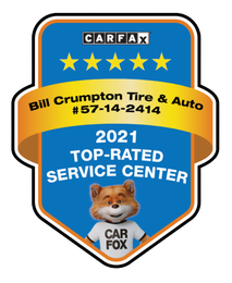 A Carfax 2021 Top-Rated Service Center award badge for Bill Crumpton Tire & Auto featuring the Car Fox mascot.