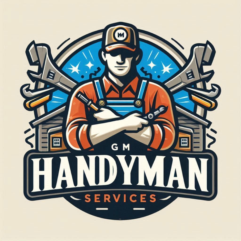 Handyman Services logo with a repair worker holding crossed tools on a blue and beige badge