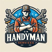 Handyman Services logo with a repair worker holding crossed tools on a blue and beige badge