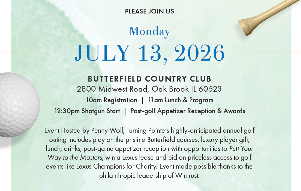A golf course with a green, sand bunker, and trees, with text overlaying the bottom section about a golf charity event.