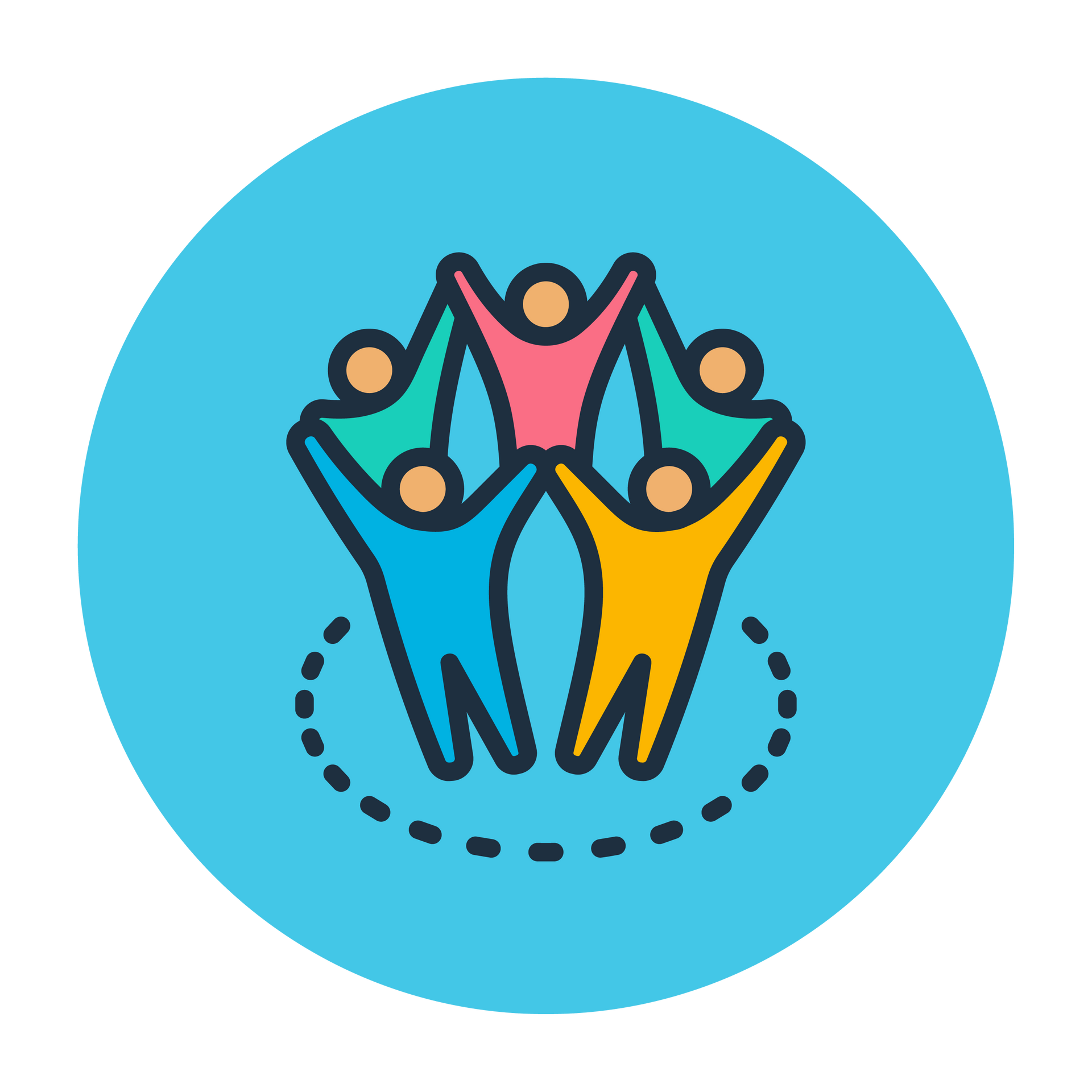 A stylized icon of five people in various colors with arms raised in unity, enclosed within a blue circle.