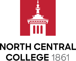 Logo for North Central College: a red square containing a white stylized building icon above the text 