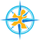 A stylized, abstract yellow human-like figure centered within a blue compass-like circular frame with radiating points.