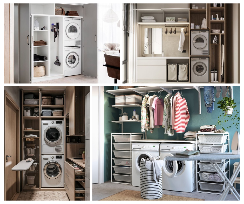 Organized utility rooms with shelves, storage bins, and laundry appliances.