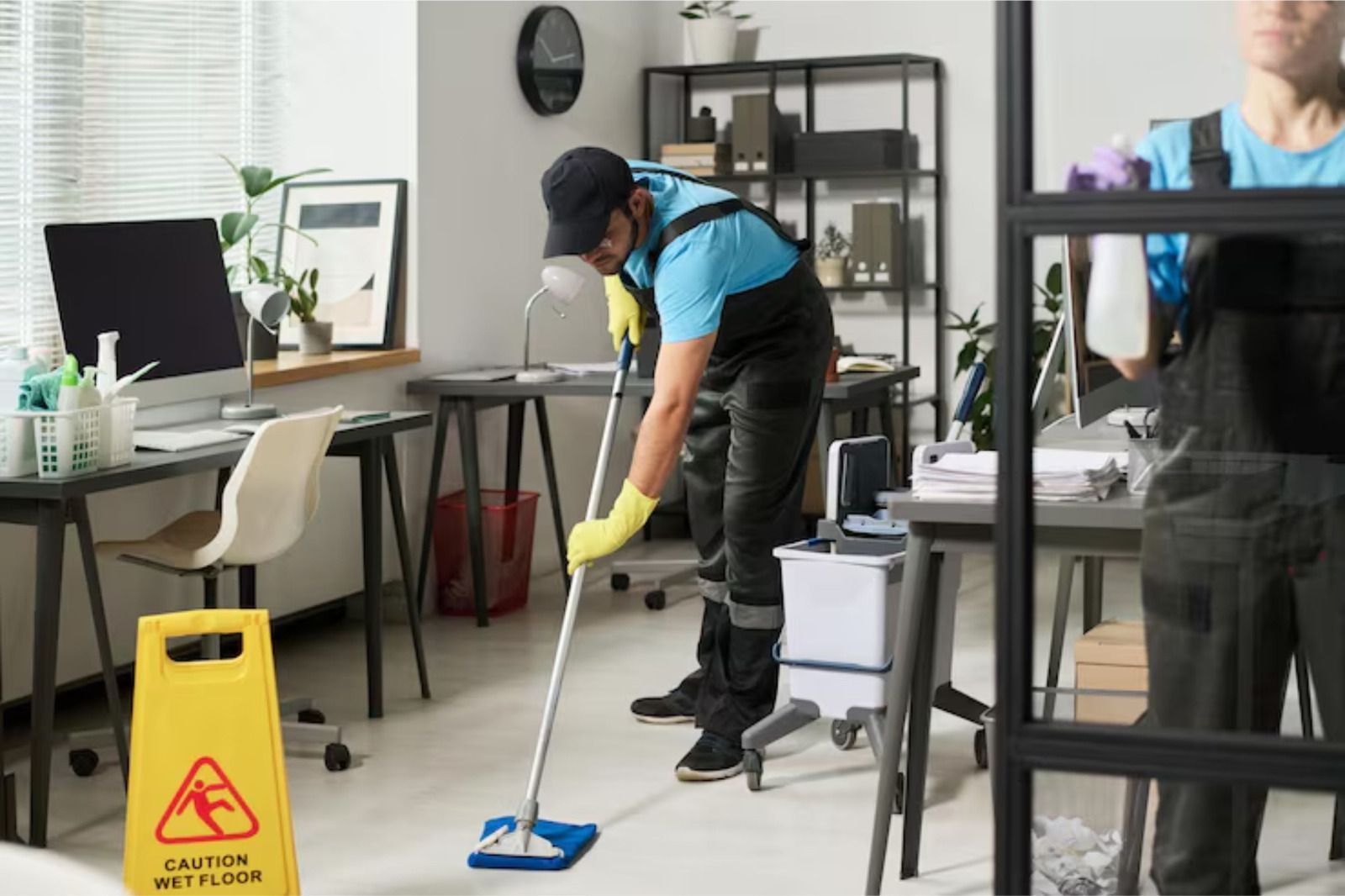 Office cleaner mopping floor with a wet floor sign in foreground. Another cleaner can be seen through glass.