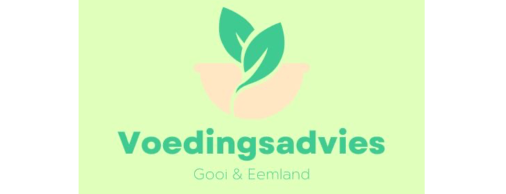 Logo featuring a stylized green leaf sprout in a peach bowl over the text "Voedingsadvies Gooi & Eemland" on light green.