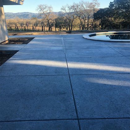 A concrete patio with a pool and trees in the background.