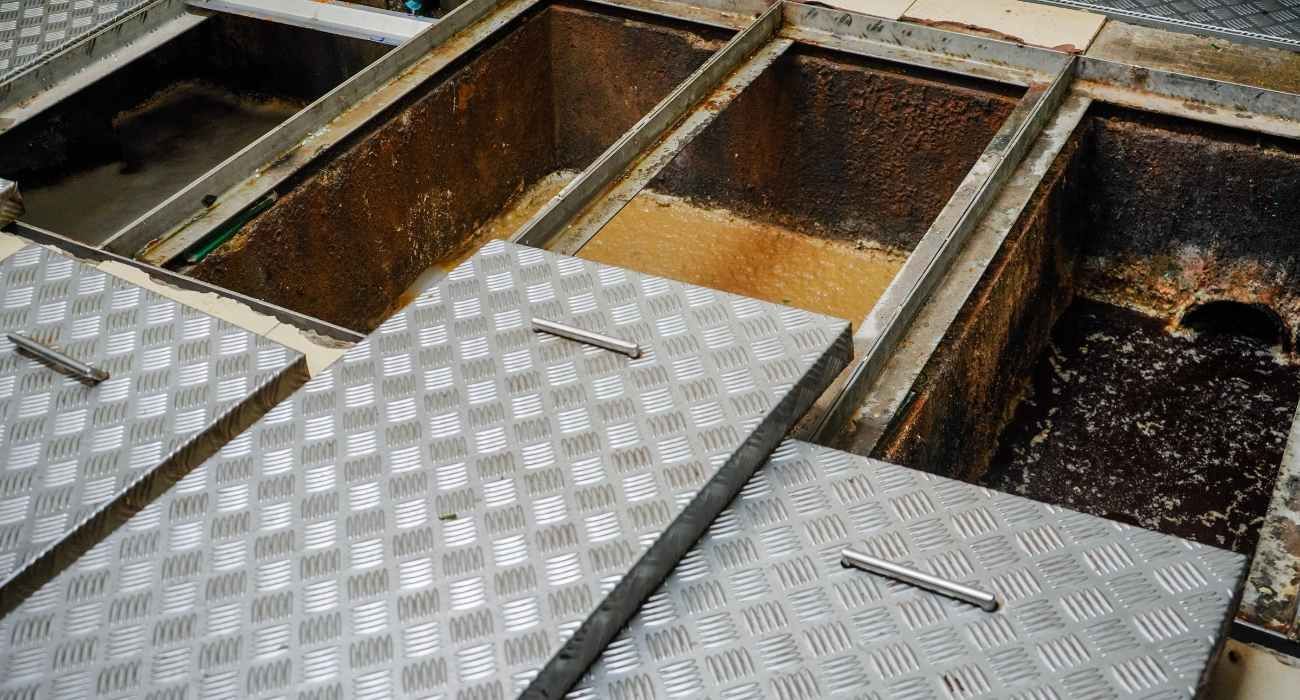 Open metal floor hatches revealing empty tanks or pits beneath a diamond-plate deck.