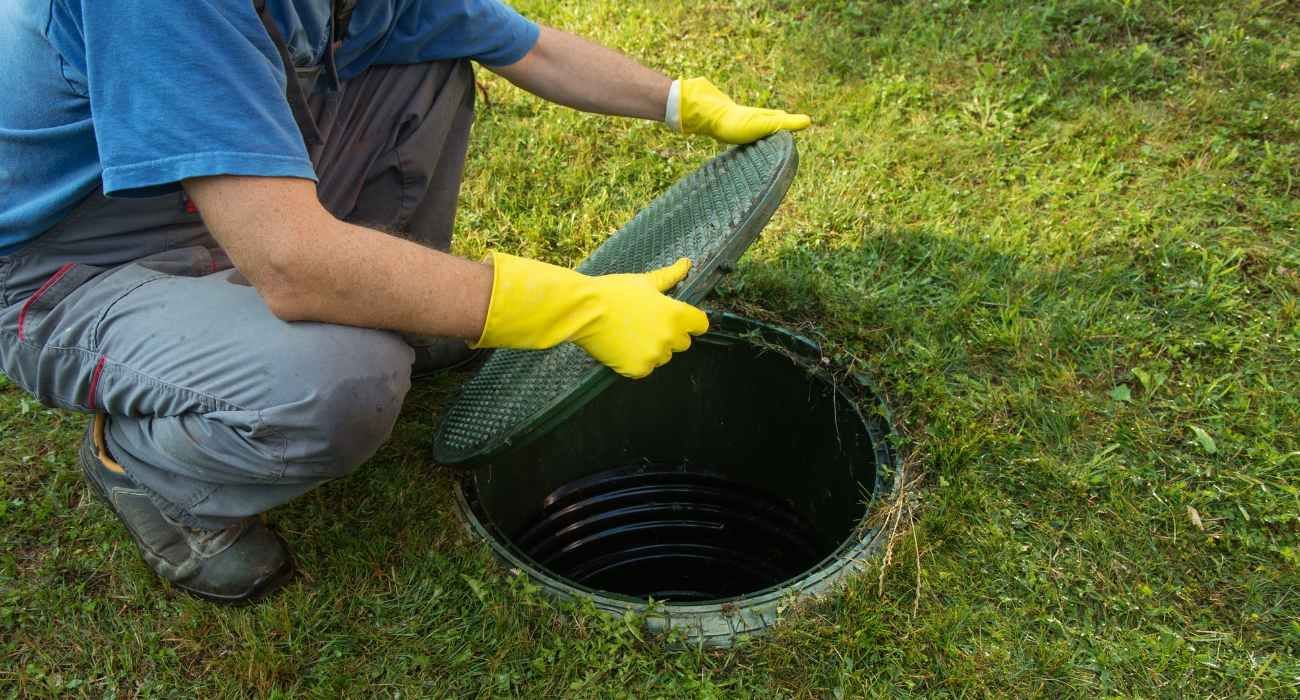Worker in yellow gloves handling a pipe over an open round drain in a grassy yard.