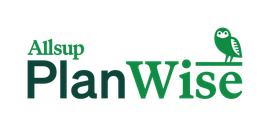 Logo for Allsup PlanWise, with a green owl perched on "Wise" and green text.