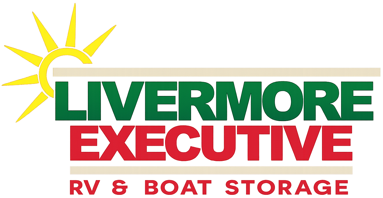 Livermore Executive RV & Boat Storage logo with yellow sun and green, red, and white text
