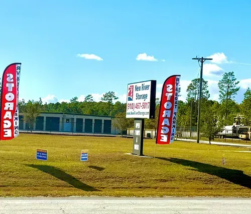 New River Storage Highway 70 facility in Newport NC with roadside sign and drive-up storage units
