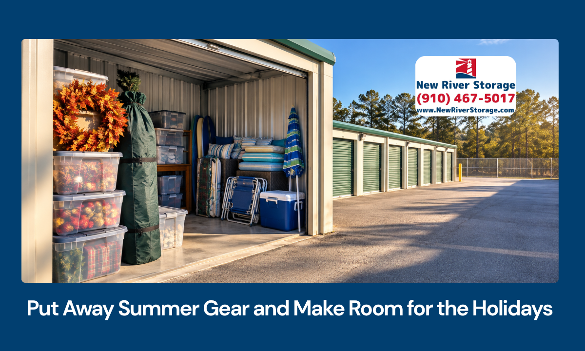 Summer gear and holiday storage totes organized inside a storage unit for a fall seasonal reset.