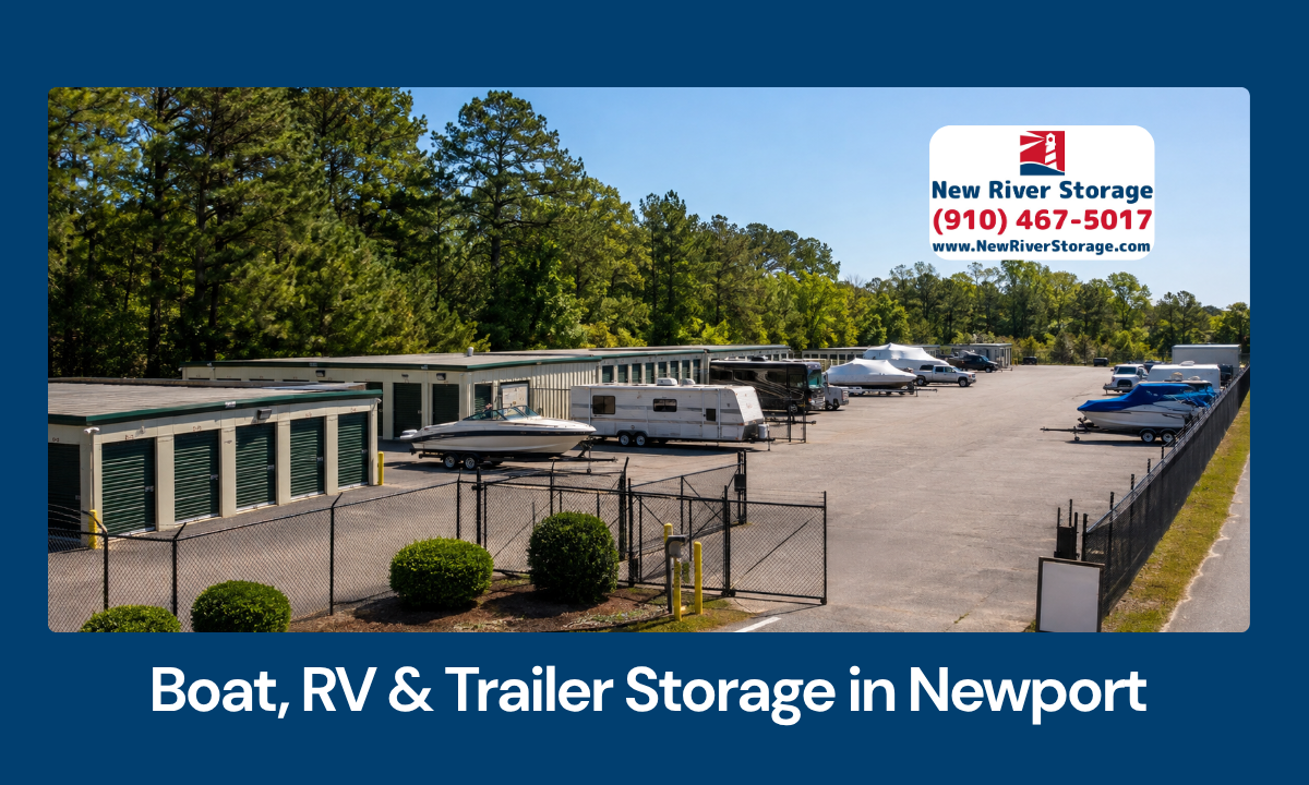 Newport NC outdoor storage facility with boats, RVs, trailers, and vehicles in organized spaces