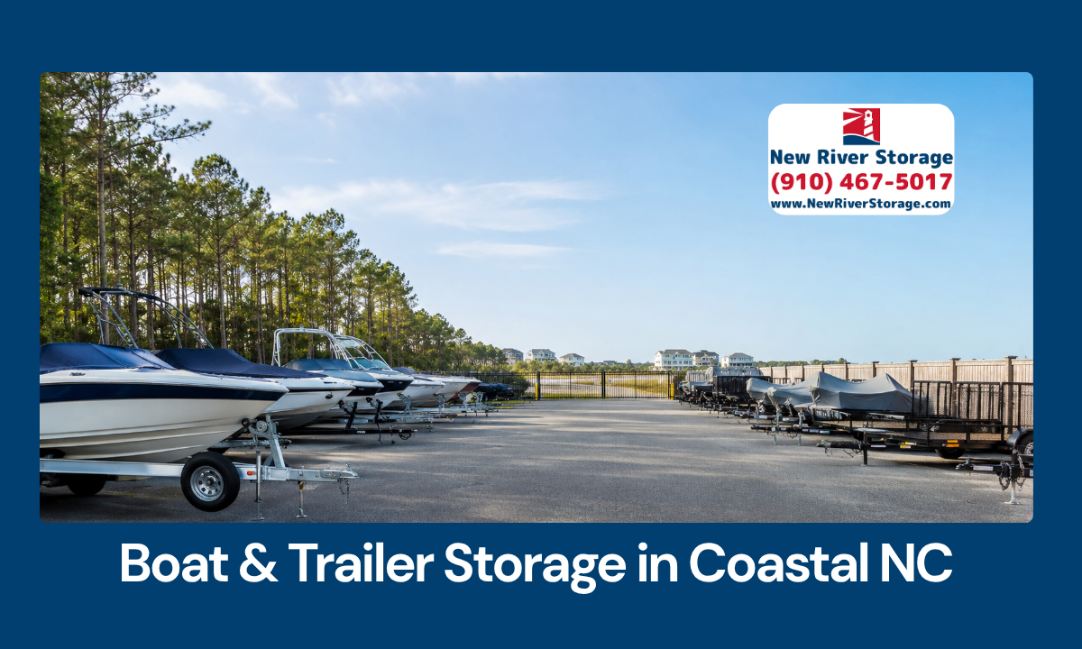 Boats, trailers, and outdoor gear stored neatly at a secure coastal NC storage facility