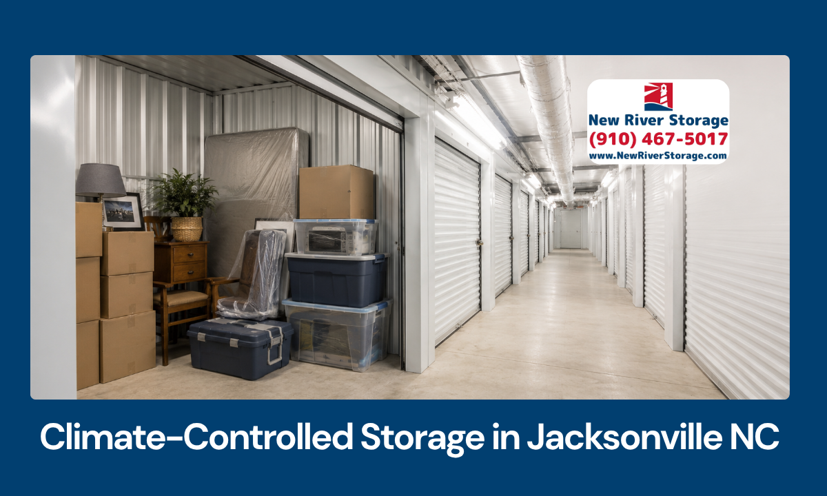 Climate-controlled storage unit in Jacksonville NC with boxes, furniture, electronics, and bins
