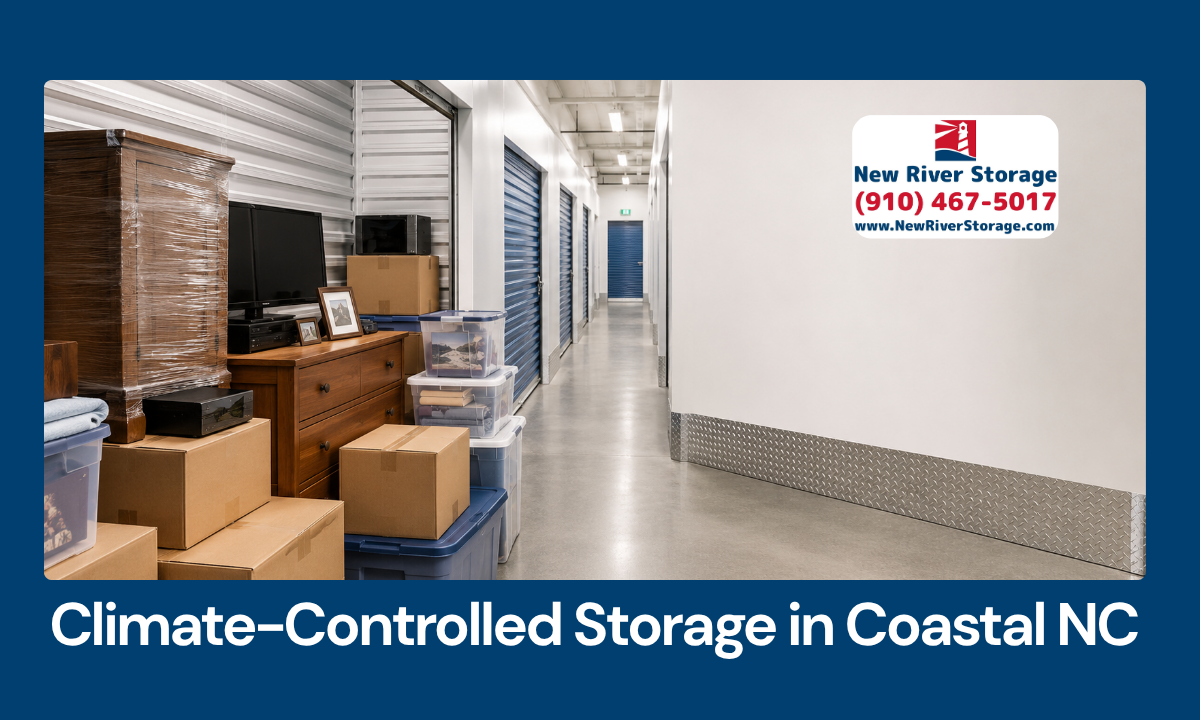 Jacksonville NC climate-controlled storage hallway with boxes, wrapped furniture, and sealed bins