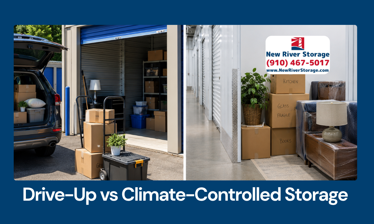 Drive-up and climate-controlled storage options with boxes and furniture in coastal NC