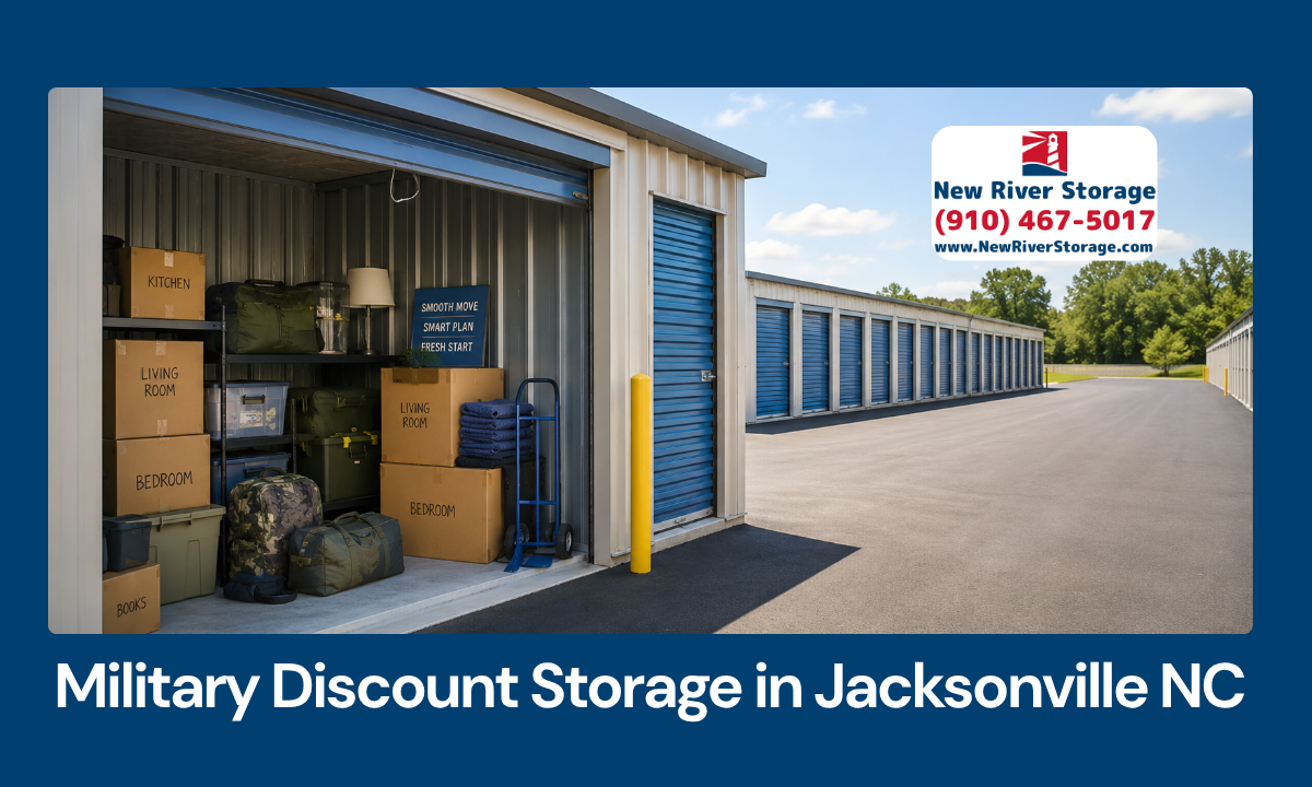 Jacksonville NC storage unit with moving boxes and plain duffel bags for military families near base