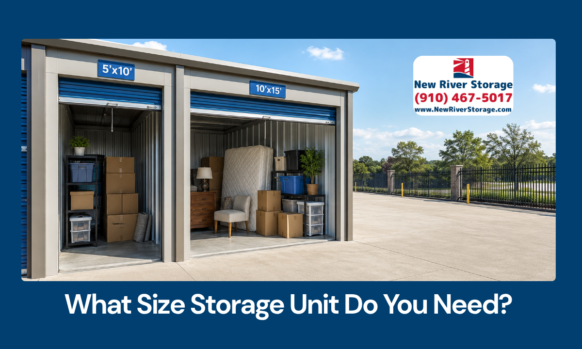 Jacksonville NC storage unit size guide with boxes, mattress, furniture, and organized labeled bins