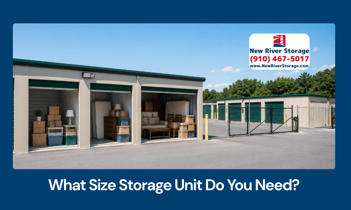Jacksonville NC storage unit size examples with boxes, mattress, furniture, and bins