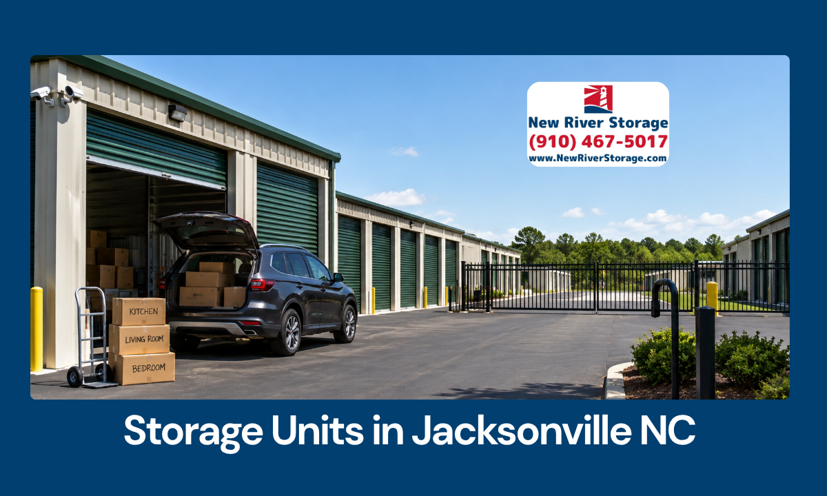 Secure Jacksonville NC storage facility with drive-up units, gate access, and moving boxes