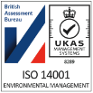 The logo for the british assessment bureau iso 14001 environmental management.