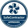 A blue and white circle with a flower in the middle that says safe contractor approved.