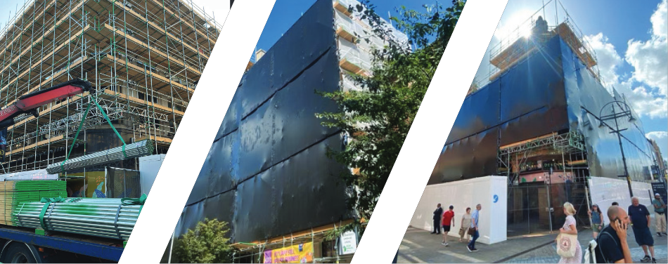 A collage of three pictures of a building under construction.