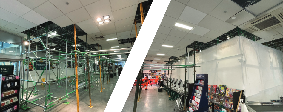 A before and after photo of a building under construction.