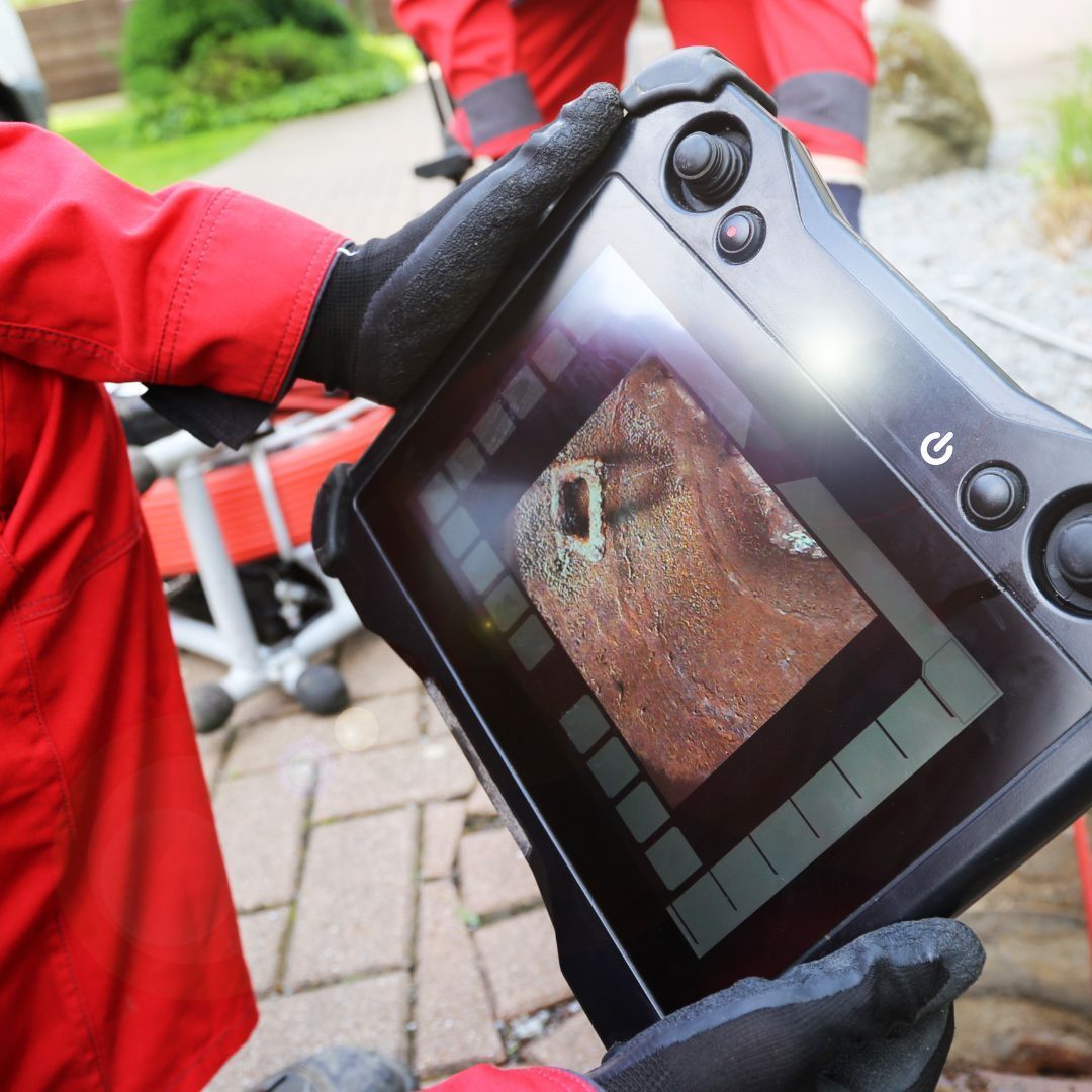 Person in red uniform holding a tablet displaying a close-up of a wooden surface with a square hole; outdoors.