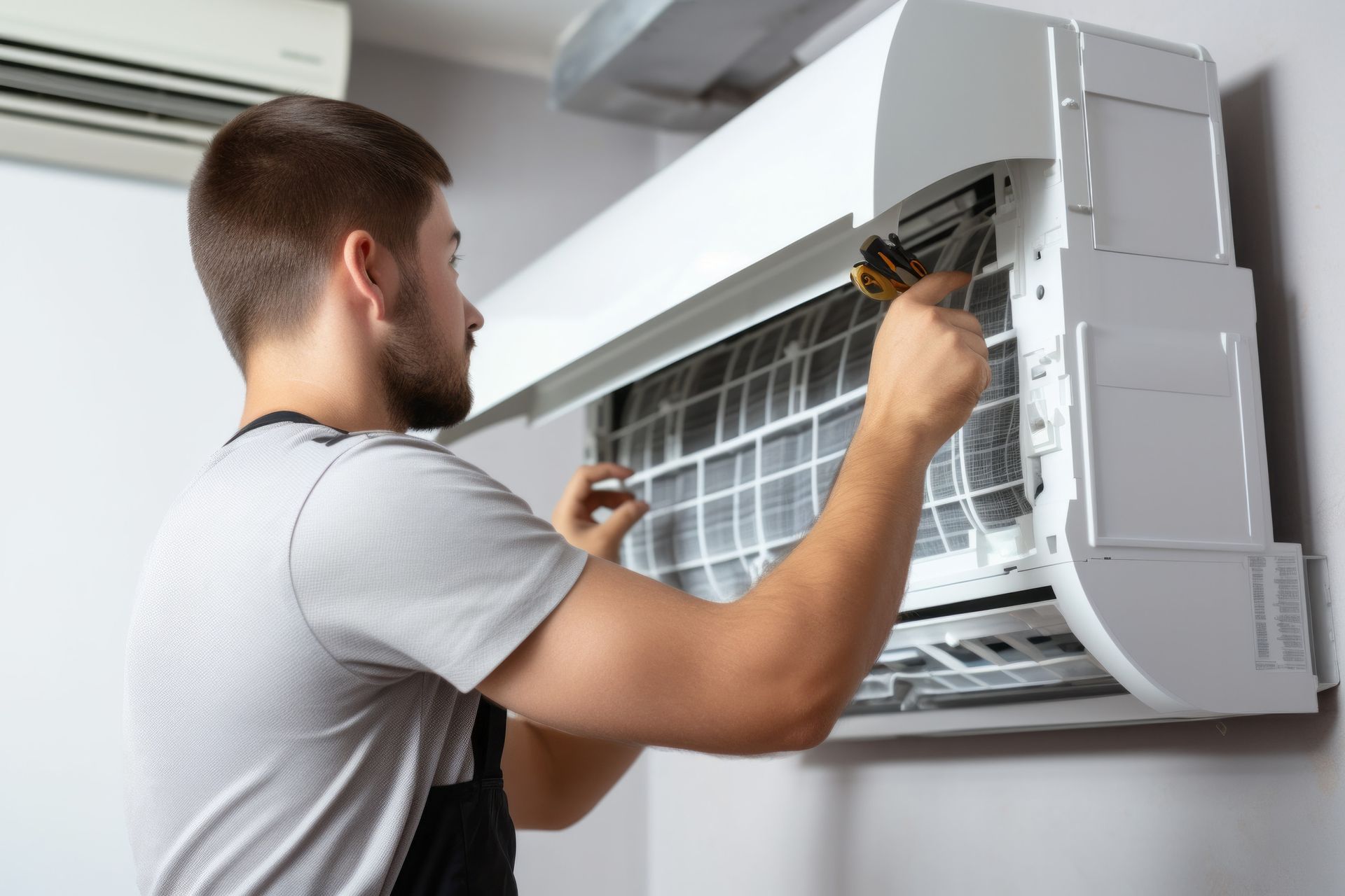 A man is fixing an air conditioner with a screwdriver.