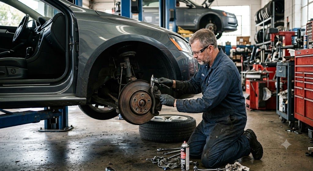 Mechanic inspecting brake rotors on a European vehicle