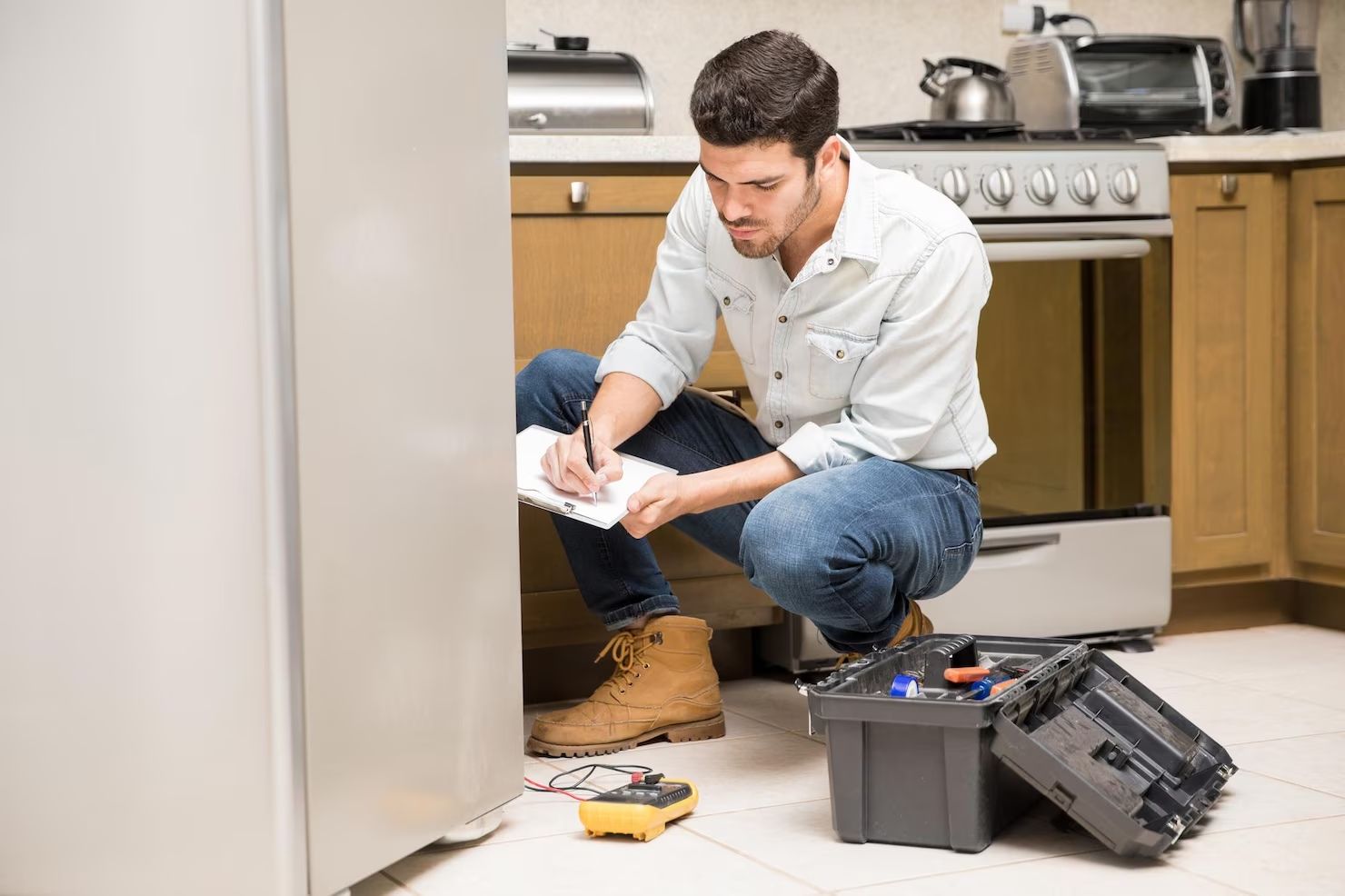 A man is kneeling down in front of a refrigerator in a kitchen.