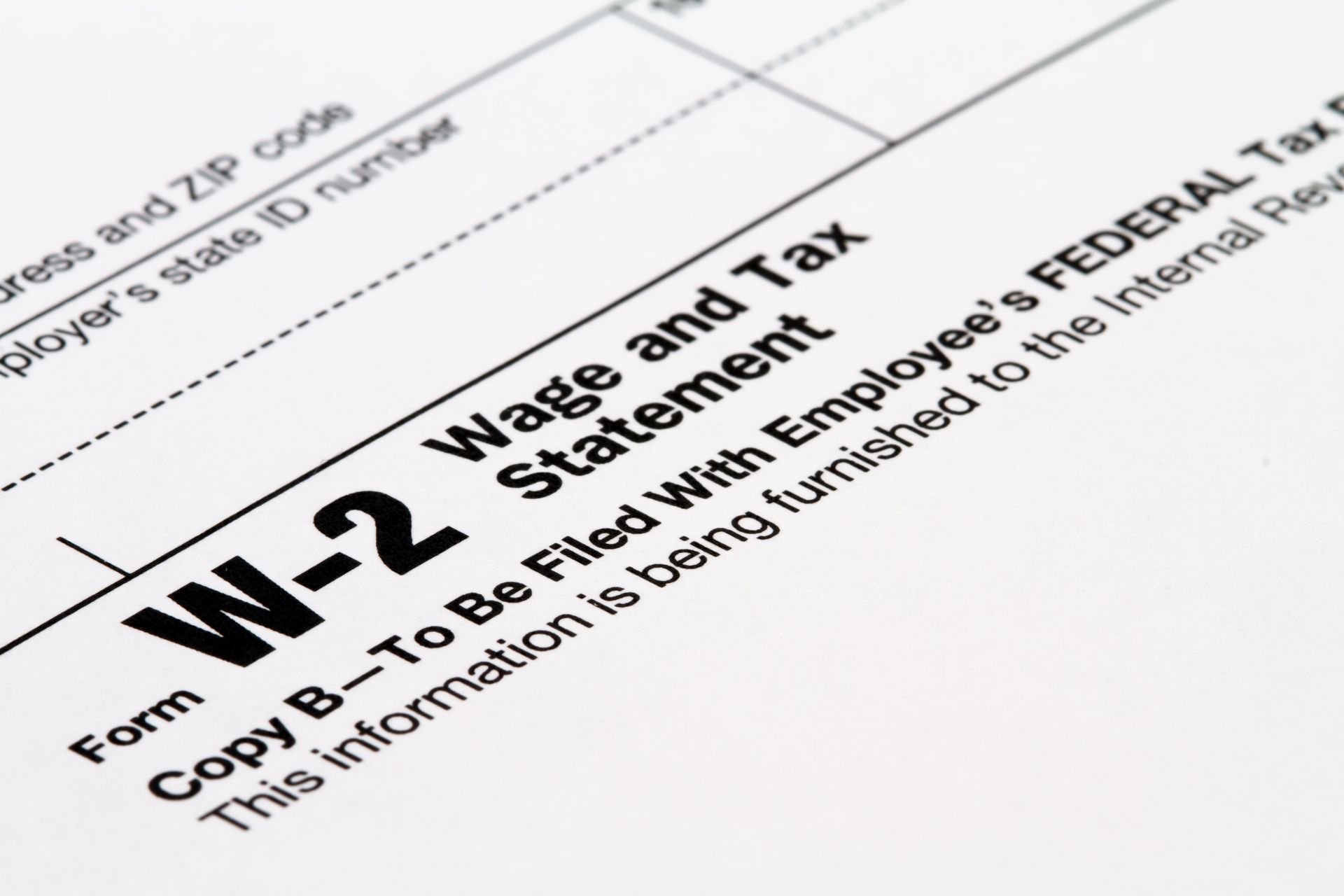 Close-up of a W-2 tax form, showing the title 