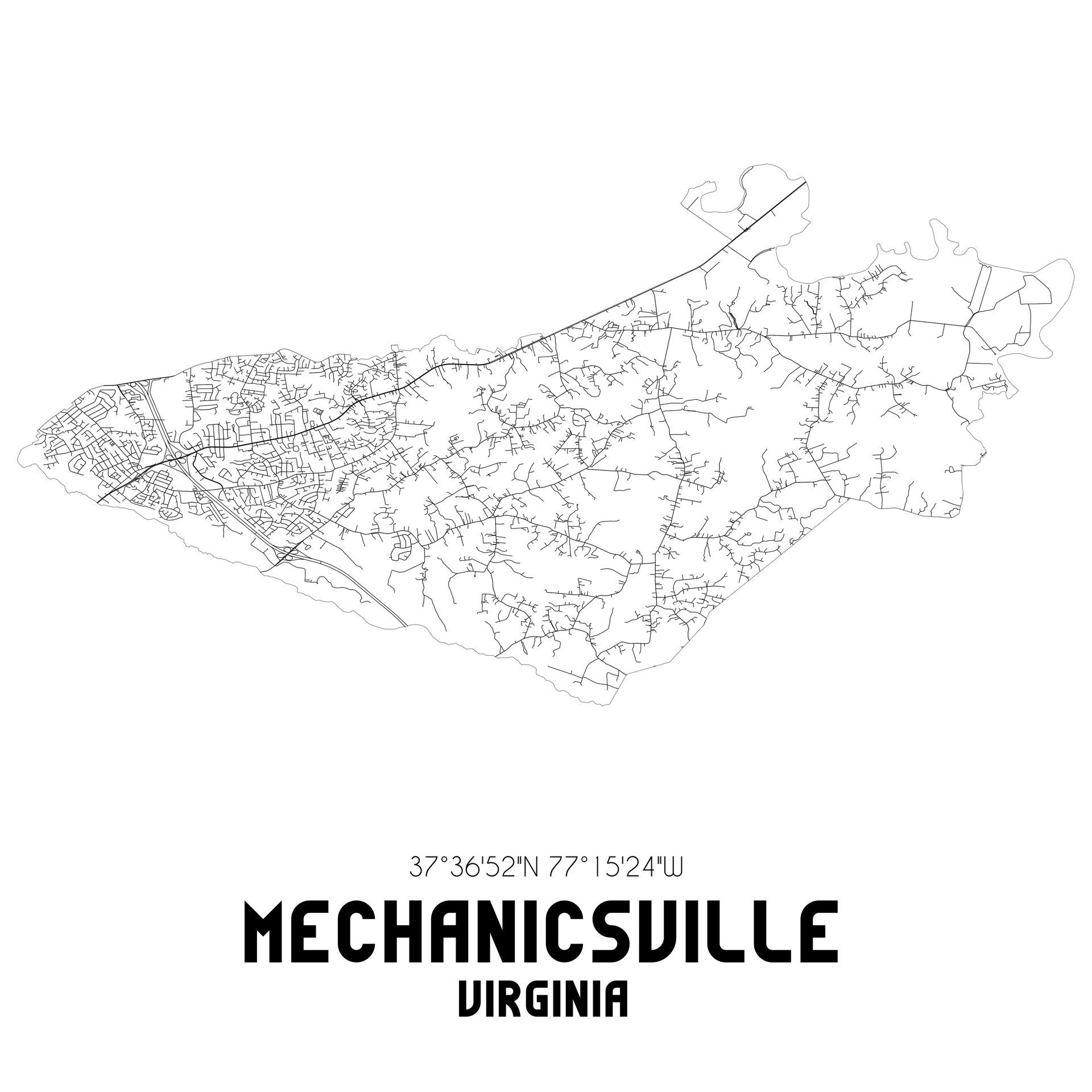 Mechanicsville, Virginia, road map outline in black on white background.