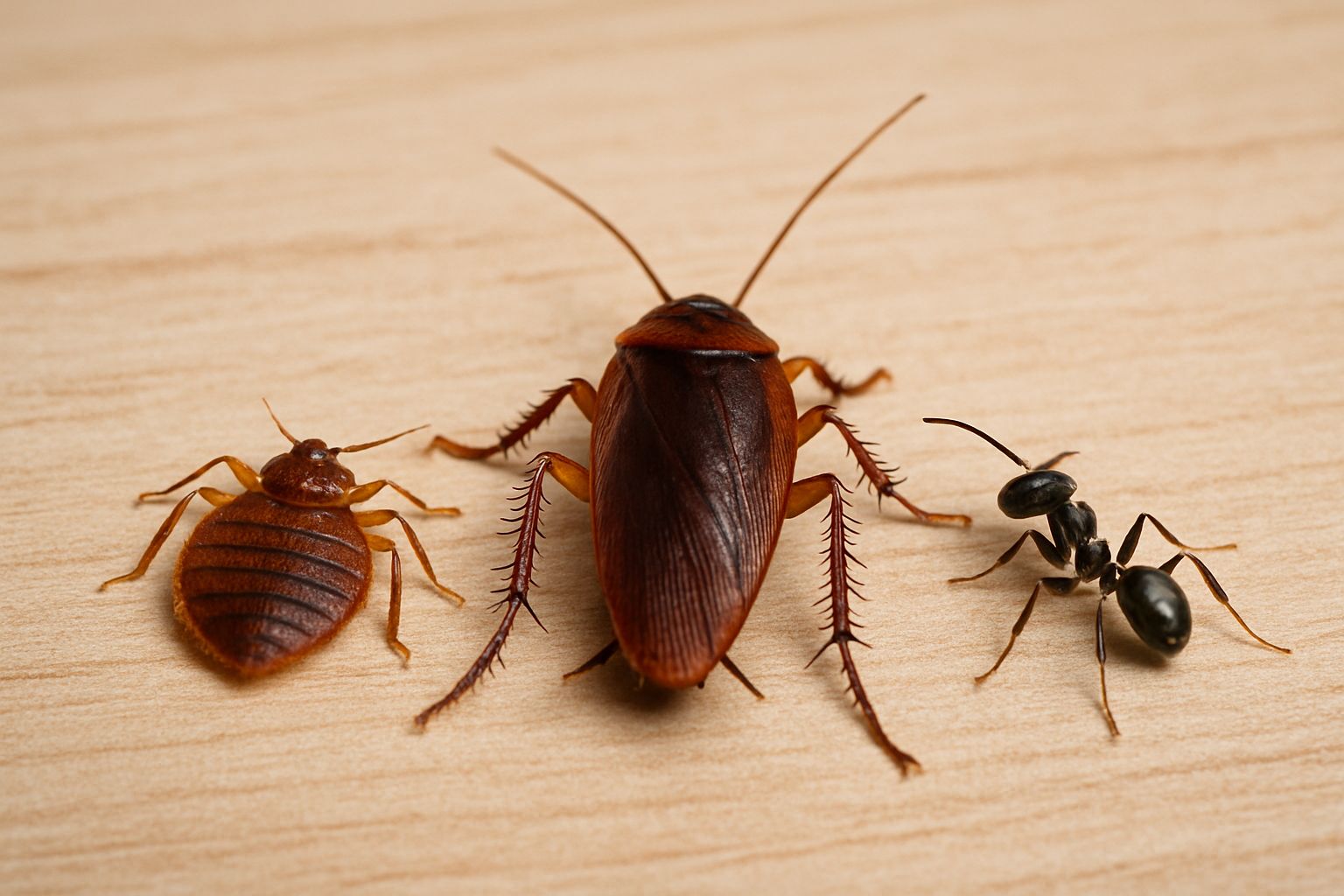 punaise de lit, blatte et fourmi sur une table