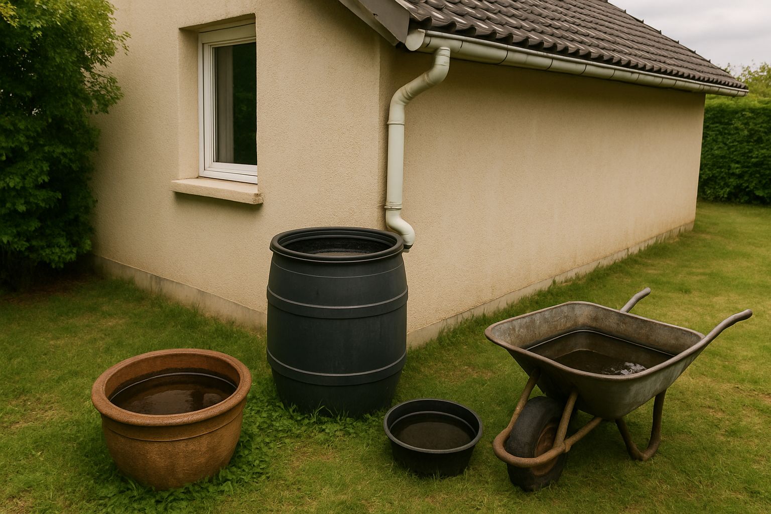 différents points d'eau devant une maison