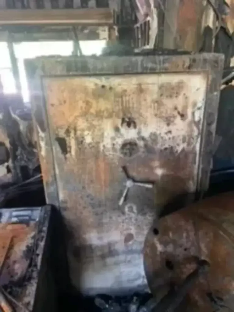Rusty industrial machine with a weathered metal door and large wheel in a dim workshop